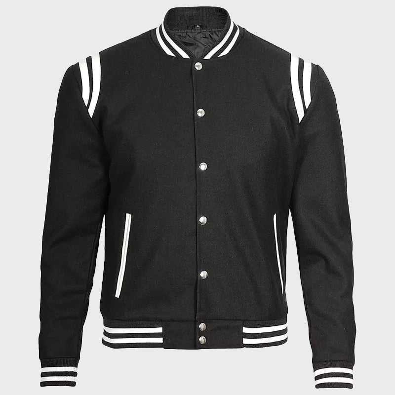 Mens Black And White Baseball Varsity Jacket Varsity Jacket unisex front product view | Dash Racegear — Men's Baseball White And Black Letterman Varsity Jacket