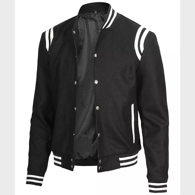 Mens Black And White Baseball Varsity Jacket Varsity Jacket unisex detail view 3 | Dash Racegear — Mens Black And White Varsity Jacket