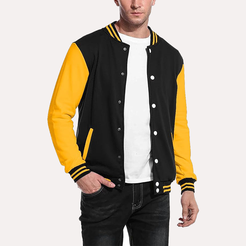 Mens Black and Yellow Varsity Jacket Varsity Jacket unisex front product view | Dash Racegear — Mens Black And Yellow Varsity Jacket