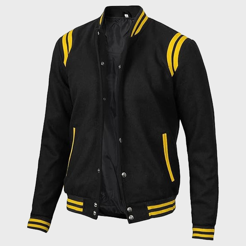 Mens Black And Yellow Baseball Varsity Jacket Varsity Jacket men front product view | Dash Racegear — Mens Baseball Black And Yellow Letterman Jacket