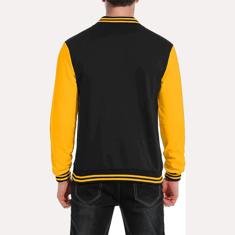Mens Black and Yellow Varsity Jacket Varsity Jacket unisex detail view 2 | Dash Racegear — Mens Black And Yellow Baseball Varsity Jacket