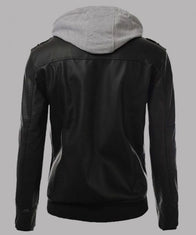 Men’s Biker Black Slim Fit Bomber Hooded Jacket Jacket men detail view 2 | Dash Racegear — Mens Black Leather Slimfit Biker Jacket with Hood