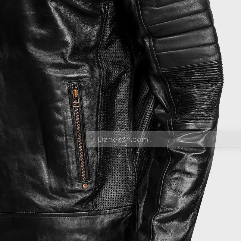 Mens Black Cafe Racer Leather Jacket Leather Jacket men detail view 4 | Dash Racegear — Mens Black Cafe Racer Padded Leather jacket