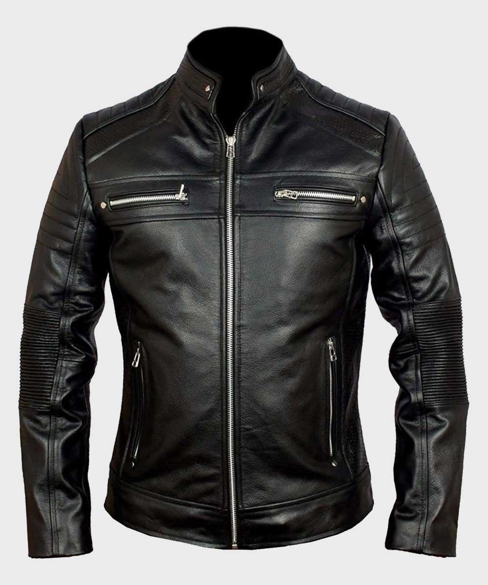 Mens Black Biker Cafe Racer Jacket Jacket men front product view | Dash Racegear — Mens Biker Leather Cafe Racer Black Jacket