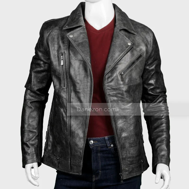 Men’s Black Biker Distressed Leather Jacket Biker Jacket men detail view 2 | Dash Racegear — Mens Distressed Black Biker Leather Jacket