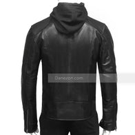 Mens Black Hooded Leather Jacket Bomber Jacket men detail view 4 | Dash Racegear — Mens Hooded Black Biker Leather Jacket