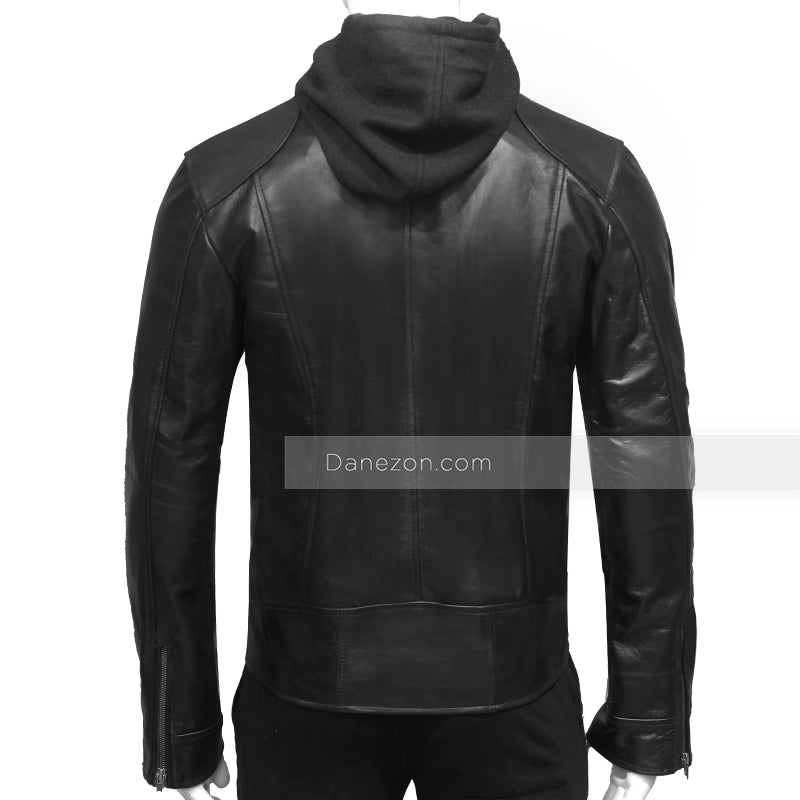 Mens Black Hooded Leather Jacket Bomber Jacket men detail view 4 | Dash Racegear — Mens Hooded Black Biker Leather Jacket