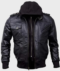 Mens Black Bomber Hooded Leather Jacket Bomber Jacket men front product view | Dash Racegear — Black Leather Mens Hooded Bomber Jacket