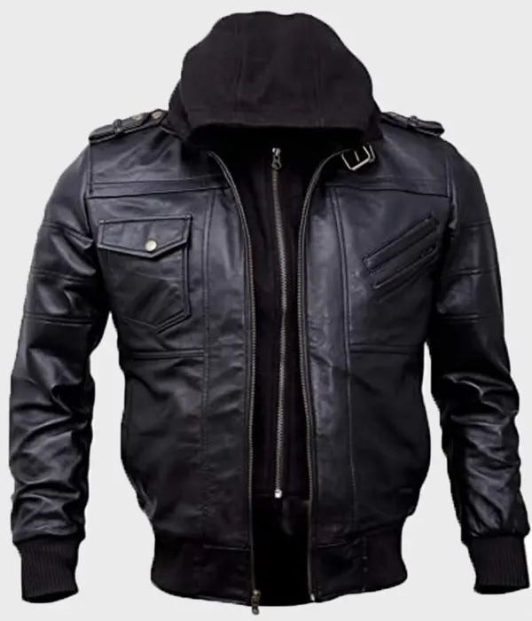 Mens Black Bomber Hooded Leather Jacket Bomber Jacket men front product view | Dash Racegear — Black Leather Mens Hooded Bomber Jacket