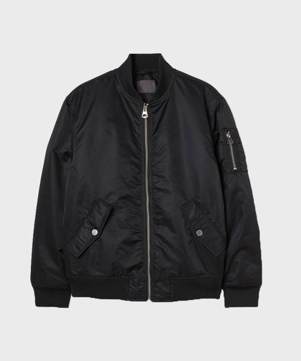 Mens Black Bomber Jacket Bomber Jacket men front product view | Dash Racegear — Mens Bomber Black Classic Jacket