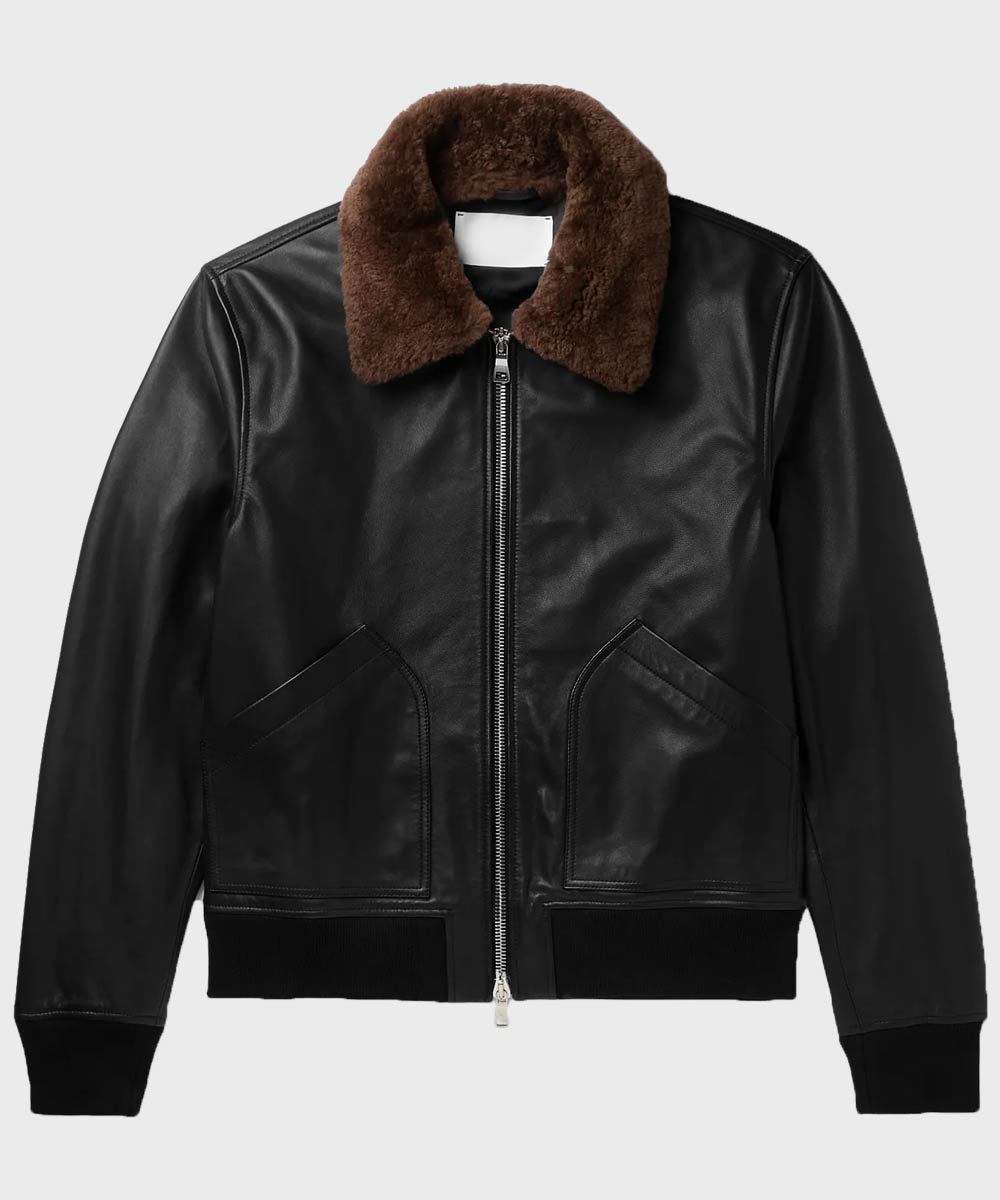 Mens Black Bomber Shearling Jacket Jacket men front product view | Dash Racegear — Mens Bomber Black Shearling Leather Jacket