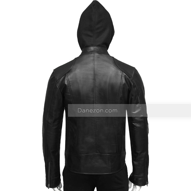 Mens Black Hooded Leather Jacket Bomber Jacket men detail view 3 | Dash Racegear — Black Hooded Leather Jacket for Mens
