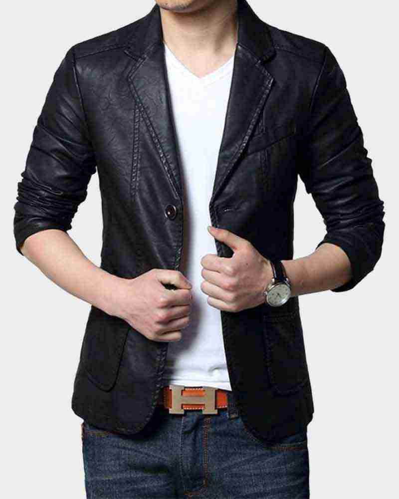 Mens Black Casual Leather Blazer Jacket Jacket men front product view | Dash Racegear — Casual Black Mens Leather Blazer Jacket
