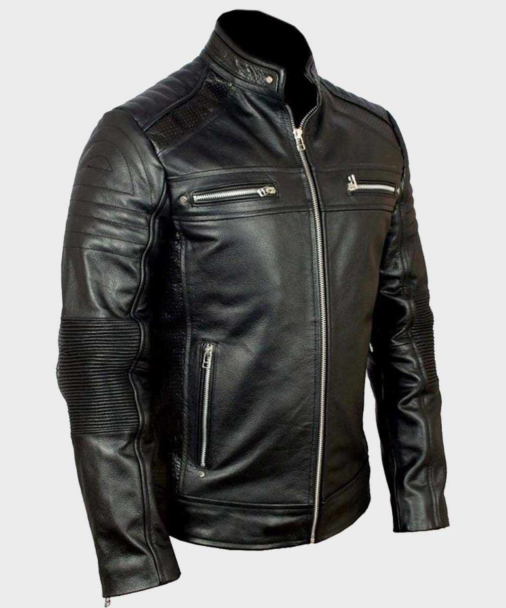 Mens Black Biker Cafe Racer Jacket Jacket men detail view 2 | Dash Racegear — Mens Biker Cafe Racer Classic Leather Jacket
