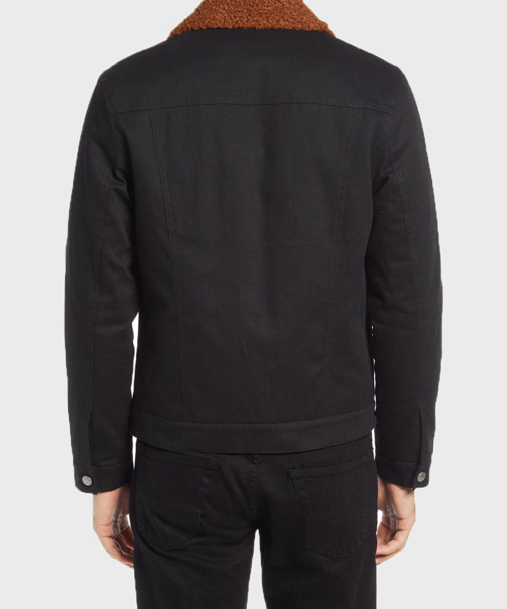 Mens Black Cotton Brown Shearling Collar Jacket Jacket men detail view 3 | Dash Racegear — Mens Black Trucker Cotton Jacket