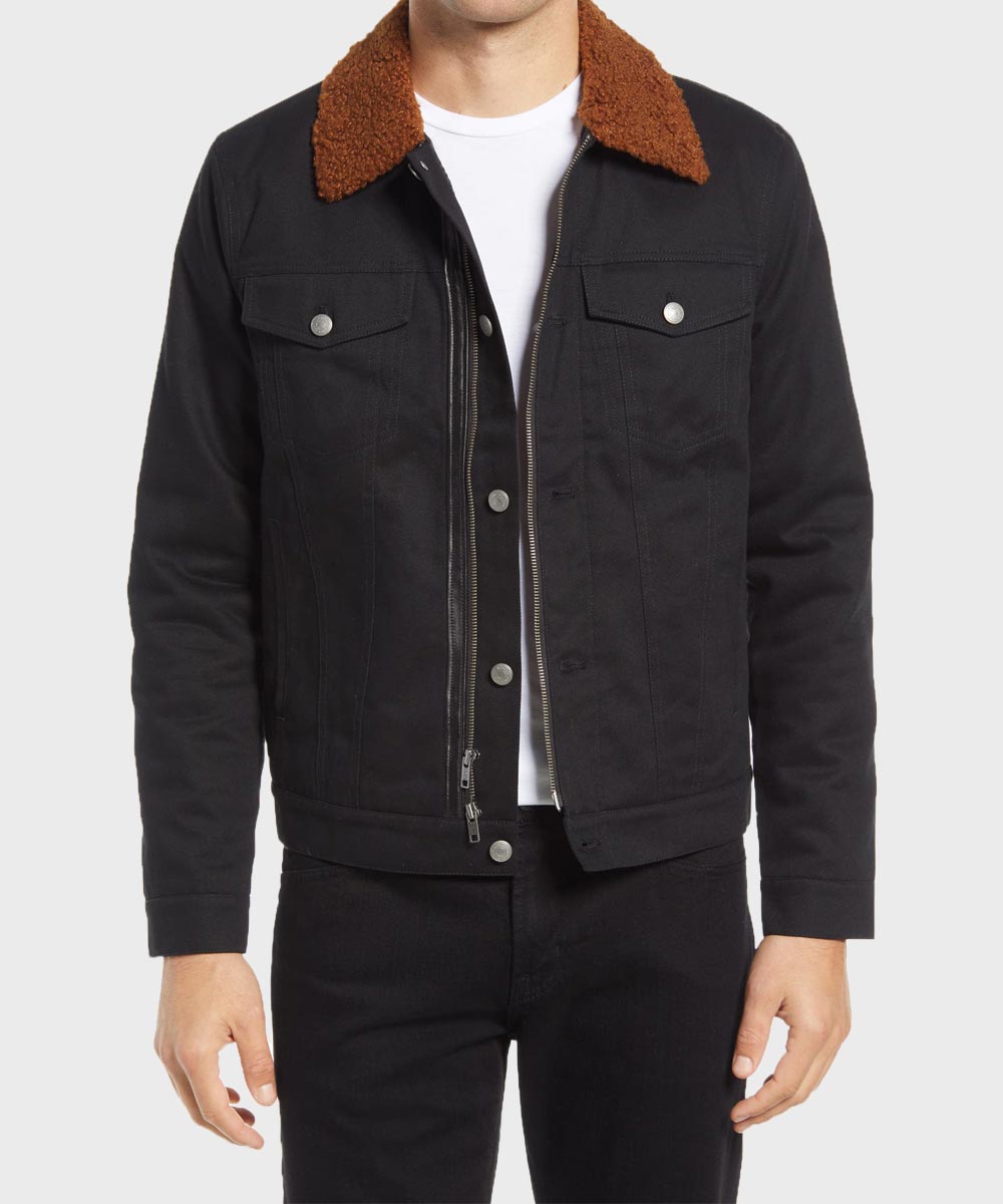 Mens Black Cotton Brown Shearling Collar Jacket Jacket men front product view | Dash Racegear — Mens Shearling Collar Black Trucker Jacket