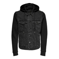 Mens Black Bomber Denim Jacket with Hood Denim Jacket men front product view | Dash Racegear — Black Hooded Denim Jacket Mens