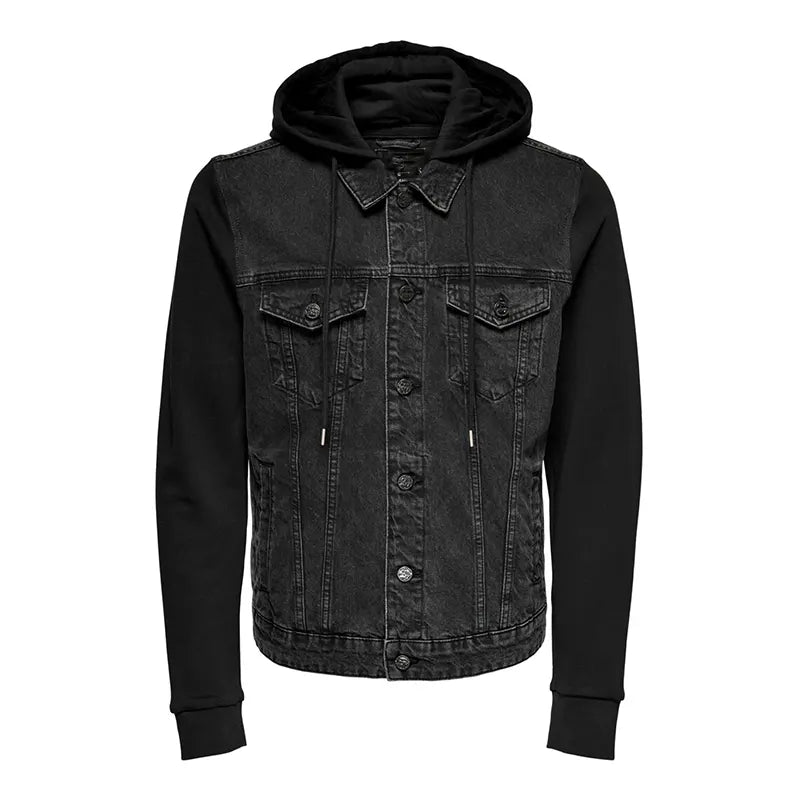 Mens Black Bomber Denim Jacket with Hood Denim Jacket men front product view | Dash Racegear — Black Hooded Denim Jacket Mens