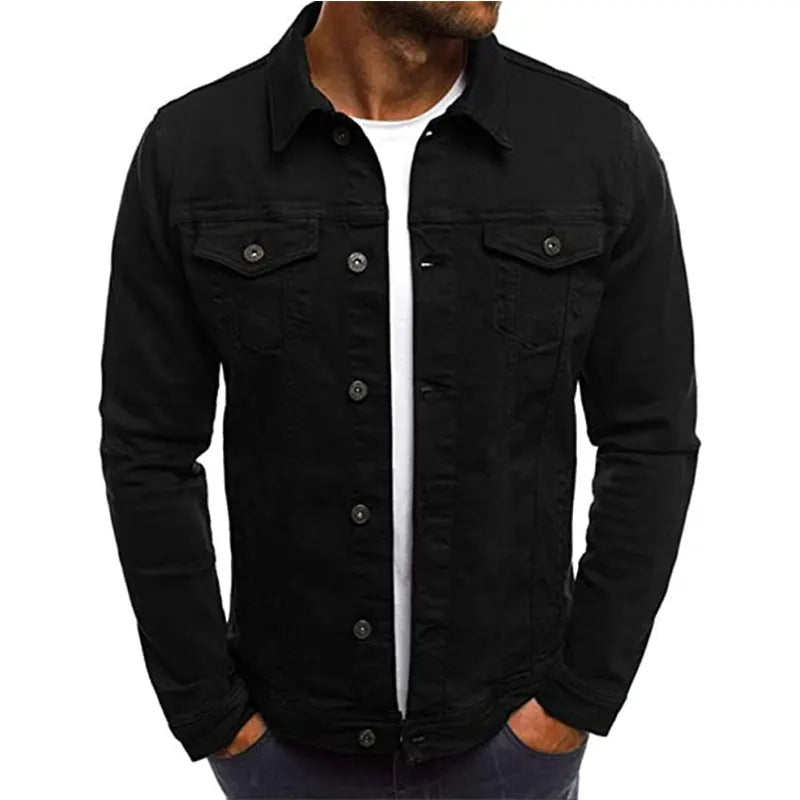 Mens Black Denim Jean Jacket Denim Jacket men front product view | Dash Racegear — Shirt Collar Black Denim Jacket