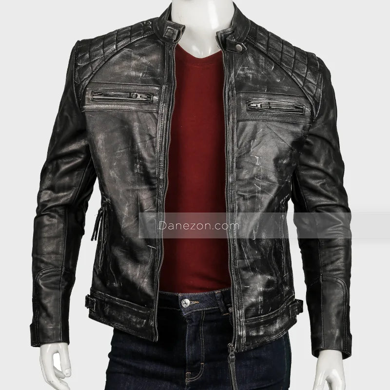 Mens Black Distressed Cafe Racer Leather Jacket Leather Jacket men detail view 2 | Dash Racegear — Mens Black Distressed Cafe Racer Leather Jacket