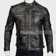 Mens Black Distressed Cafe Racer Leather Jacket Leather Jacket men front product view | Dash Racegear — Black Distressed Cafe Racer Leather Jacket Mens