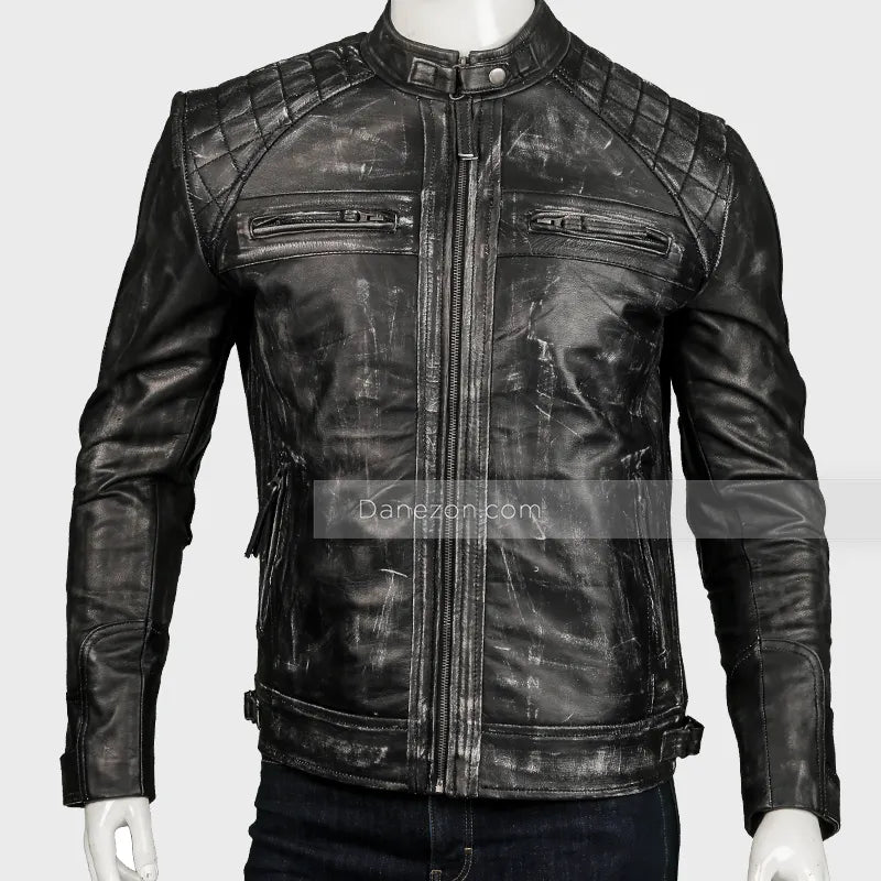 Mens Black Distressed Cafe Racer Leather Jacket Leather Jacket men front product view | Dash Racegear — Black Distressed Cafe Racer Leather Jacket Mens