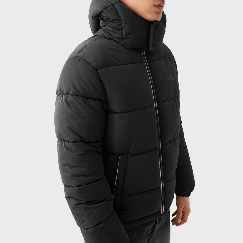 Mens Black Puffer Hooded Jacket Leather Jacket unisex detail view 3 | Dash Racegear — Mens Black Puffer Jacket With Removable Hood