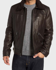 Mens Shearling Collar Black Leather Jacket Leather Jacket men front product view | Dash Racegear — Mens Black Genuine Shearling Collar Jacket