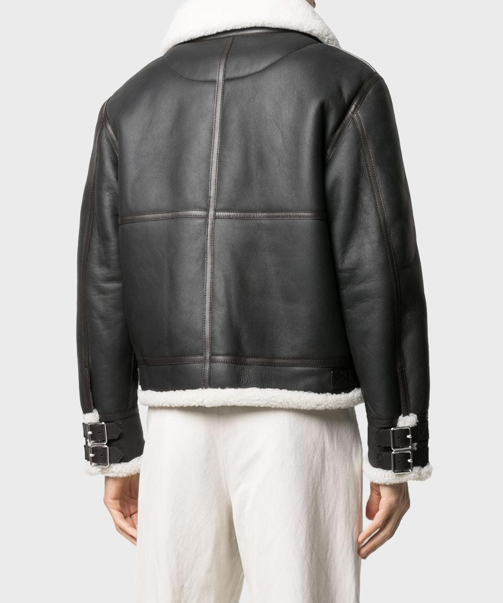 Men’s White Shearling Black Genuine Leather Jacket Leather Jacket men detail view 2 | Dash Racegear — Black Genuine Leather Men's White Shearling Collar Jacket