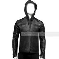 Mens Black Hooded Leather Jacket Bomber Jacket men detail view 2 | Dash Racegear — Black Hooded Mens Leather Jacket