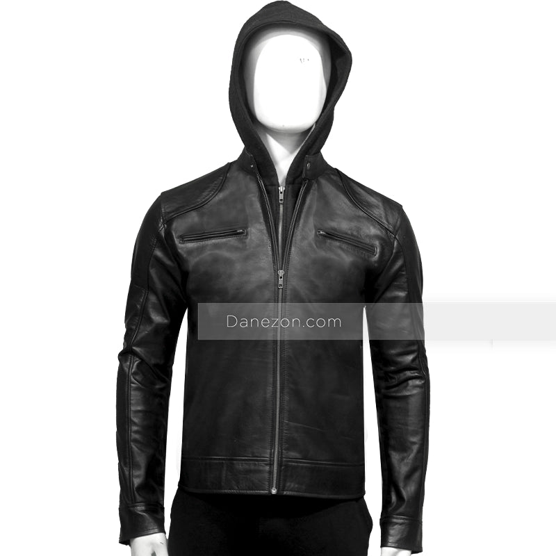 Mens Black Hooded Leather Jacket Bomber Jacket men detail view 2 | Dash Racegear — Black Hooded Mens Leather Jacket