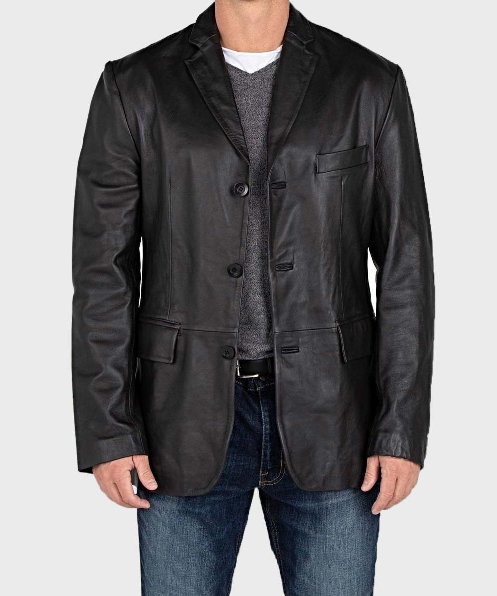 Mens Black Leather Blazer Blazer men front product view | Dash Racegear — Black Leather Buttoned Blazer