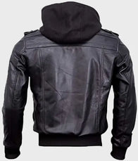 Mens Black Bomber Hooded Leather Jacket Bomber Jacket men detail view 2 | Dash Racegear — Black Leather Bomber Hooded Jacket Mens