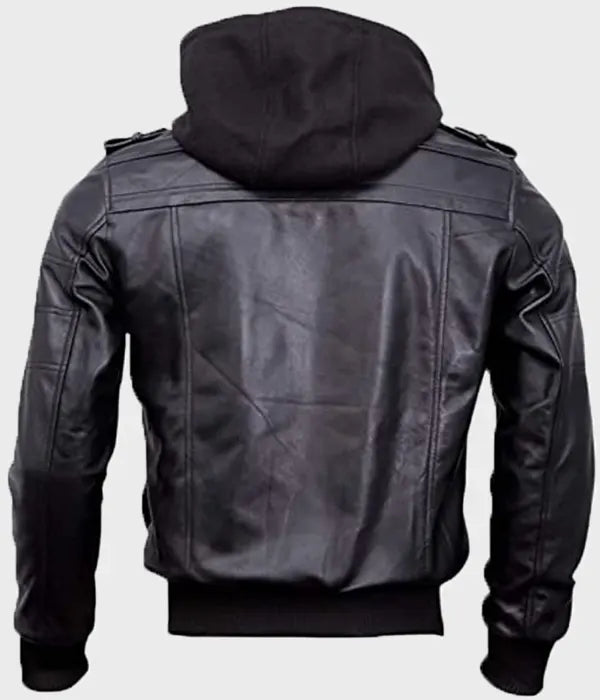 Mens Black Bomber Hooded Leather Jacket Bomber Jacket men detail view 2 | Dash Racegear — Black Leather Bomber Hooded Jacket Mens