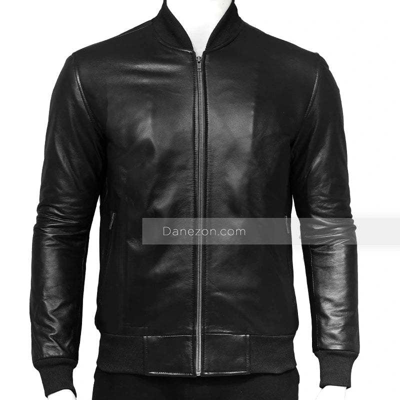 Men’s Black Leather Bomber Jacket Bomber Jacket men detail view 3 | Dash Racegear — Black leather bomber jacket