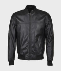 Mens Slim Fit Black Leather Bomber Jacket Bomber Jacket men front product view | Dash Racegear — Slim Fit Black Bomber Leather Jacket Men