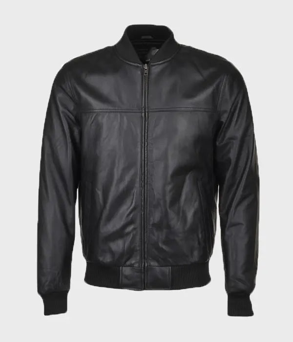 Mens Slim Fit Black Leather Bomber Jacket Bomber Jacket men front product view | Dash Racegear — Slim Fit Black Bomber Leather Jacket Men