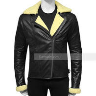 Mens Cream Shearling Black Leather Jacket Leather Jacket men front product view | Dash Racegear — Mens Black Leather Cream Shearling Biker Jacket
