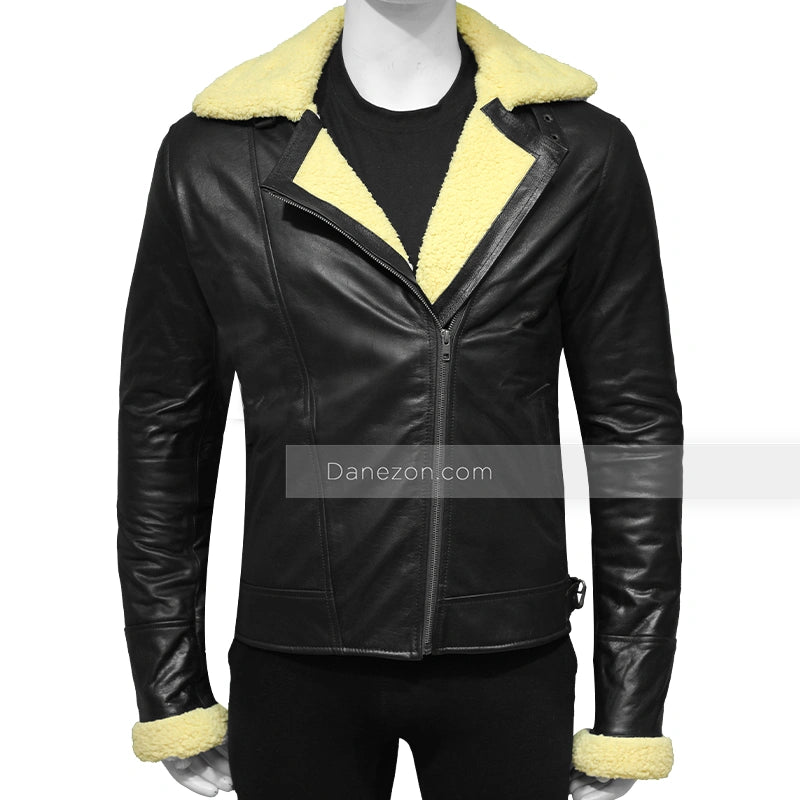 Mens Cream Shearling Black Leather Jacket Leather Jacket men front product view | Dash Racegear — Mens Black Leather Cream Shearling Biker Jacket