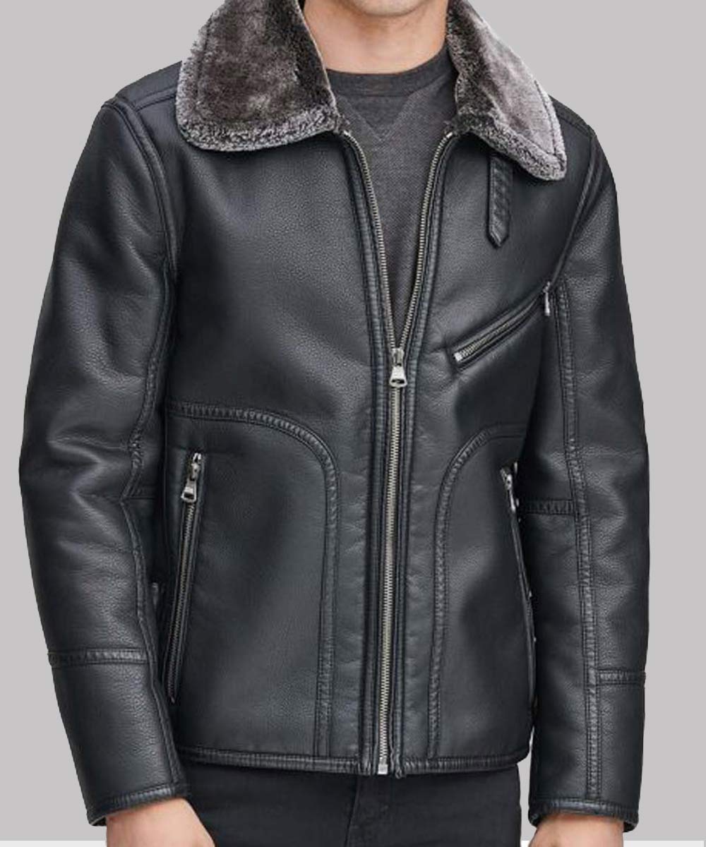 Mens Black Leather Faux Shearling Collar Jacket Jacket men front product view | Dash Racegear — Mens Faux Shearling Collar Black Sheepskin Jacket