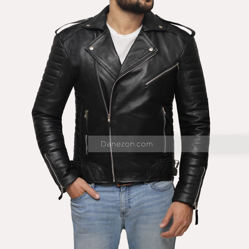Mens Quilted Black Motorcycle Leather Jacket Leather Jacket men detail view 4 | Dash Racegear — Mens Motorcycle Black Quilted Jacket