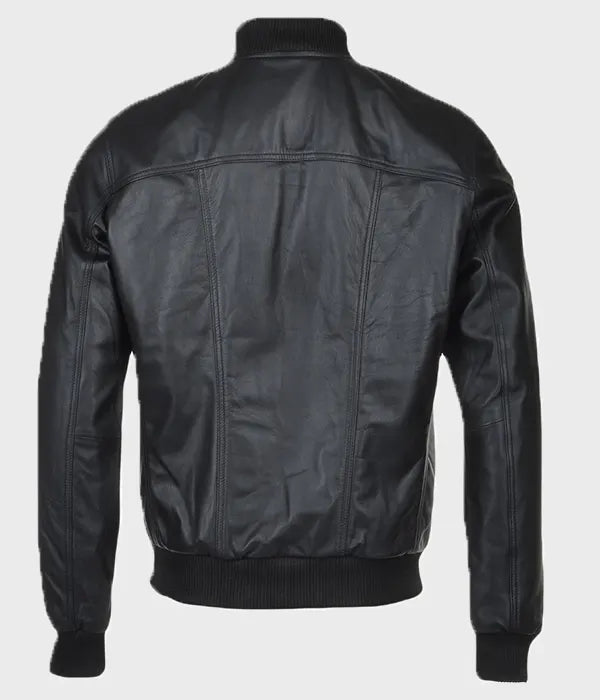 Mens Slim Fit Black Leather Bomber Jacket Bomber Jacket men detail view 2 | Dash Racegear — Men Slim fit Black Leather Bomber Jacket