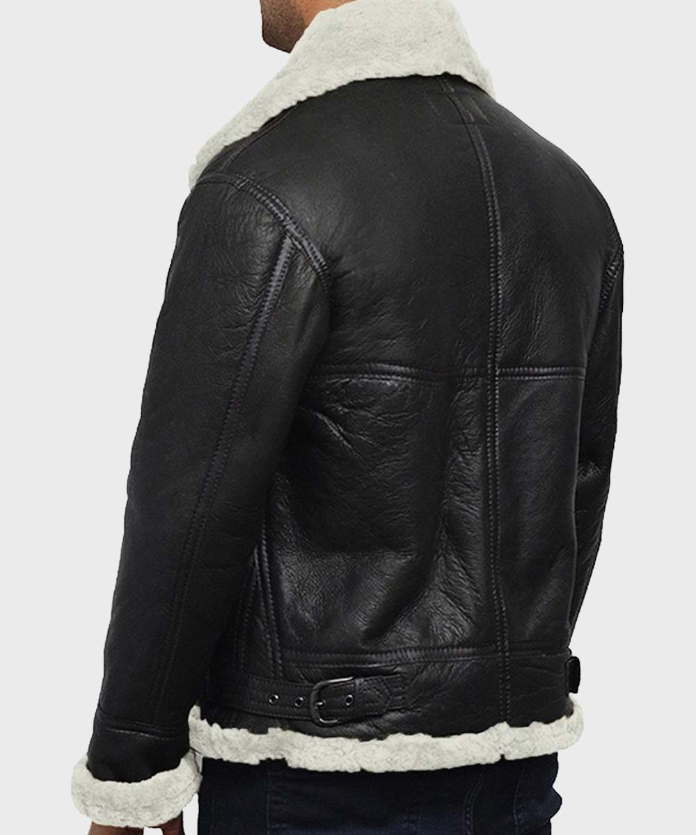 Mens Black Genuine Leather Jacket with White Fur Collar Leather Jacket men detail view 3 | Dash Racegear — Mens White Fur Collar Black Genuine Jacket