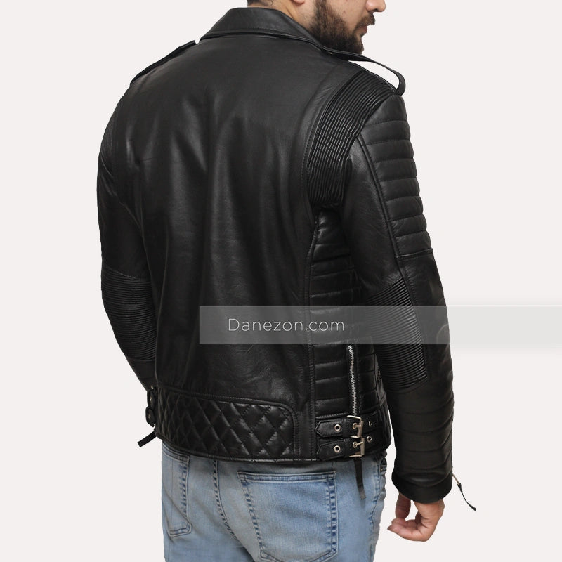 Mens Quilted Black Motorcycle Leather Jacket Leather Jacket men detail view 3 | Dash Racegear — Quilted Leather Black Motorcycle Jacket for Mens