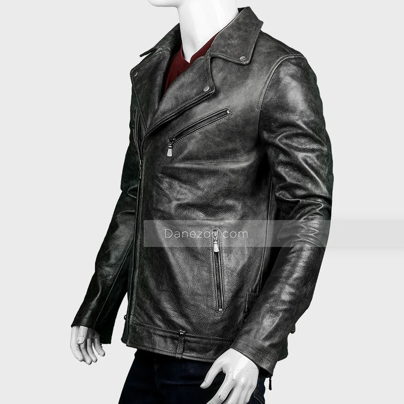 Men’s Black Biker Distressed Leather Jacket Biker Jacket men detail view 3 | Dash Racegear — Black Biker Jacket Distressed Leather Jacket