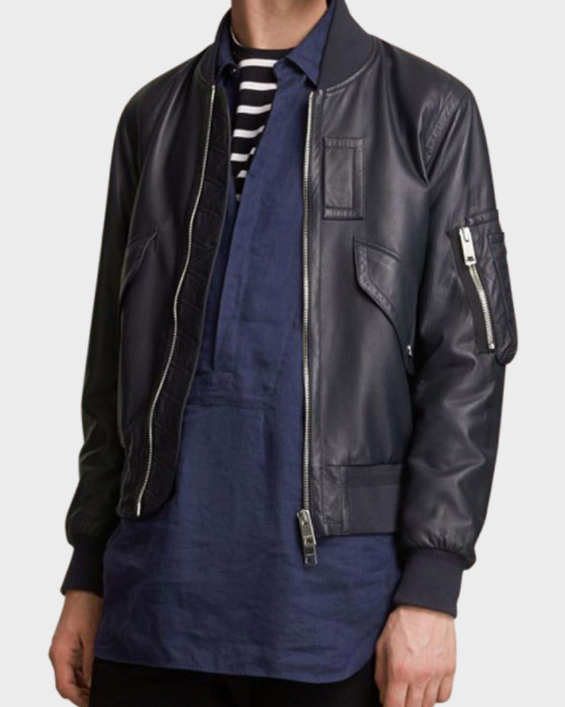 Mens Black Multi Pockets Flight Bomber Jacket Bomber Jacket men front product view | Dash Racegear — Mens Flight Bomber Multi Pockets Black Leather Jacket