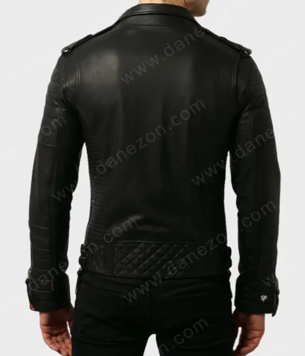 Mens Black Biker Padded Leather Jacket Leather Jacket men detail view 2 | Dash Racegear — Men’s Black Padded Biker Leather Jacket