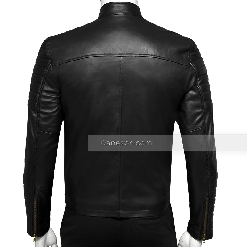 Mens Black Padded Biker Leather Jacket Leather Jacket men detail view 2 | Dash Racegear — Mens Black and Golden Biker Leather Jacket