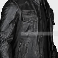 Mens Black Zipper Pocket Leather Jacket Leather Jacket men detail view 4 | Dash Racegear — Zipper Pocket Black Leather Jacket Mens