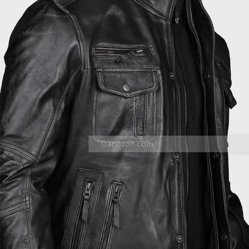 Mens Black Zipper Pocket Leather Jacket Leather Jacket men detail view 4 | Dash Racegear — Zipper Pocket Black Leather Jacket Mens